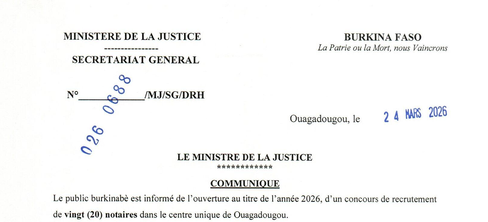 Concours de recrutement de vingt (20) notaires au titre de l'année 2026.